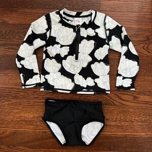 RuffleButts Toddler Girl 2T Swimsuit Long Sleeve Rashguard 2 piece, B/W Floral